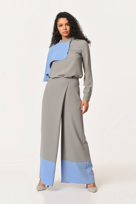 Mizalle - İki Renk Garnili Tasarım Pantolon (Gri/Mavi)