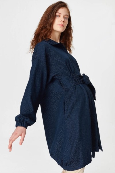 Mizalle - Jakar Desenli Kuşaklı Lacivert Tunik Elbise