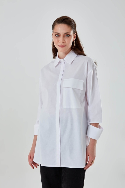 Mizalle - Kesik Manşetli Beyaz Gömlek Tunik