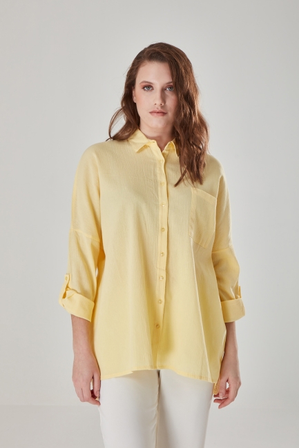 Mizalle - Klasik Yaka Krinkıl Sarı Gömlek Tunik