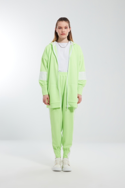 Mizalle - Kol Detaylı Fermuarlı Neon Yeşil Sweatshirt