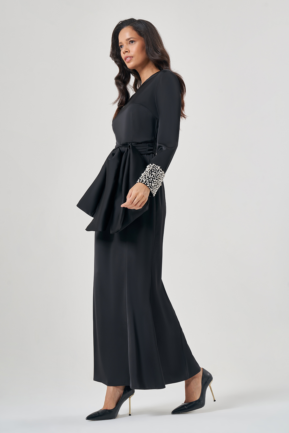 Kolları Taş İşlemeli Luxury Siyah Elbise