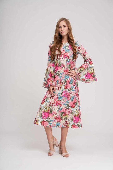 Mizalle - Kolları Volanlı Çiçekli Elbise (Bej)