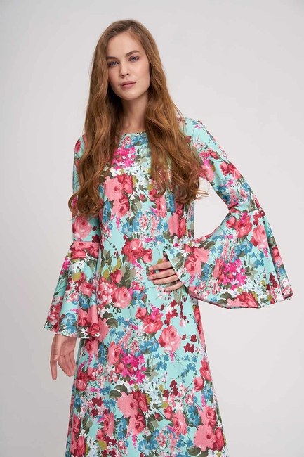 Mizalle - Kolları Volanlı Çiçekli Elbise (Mint)