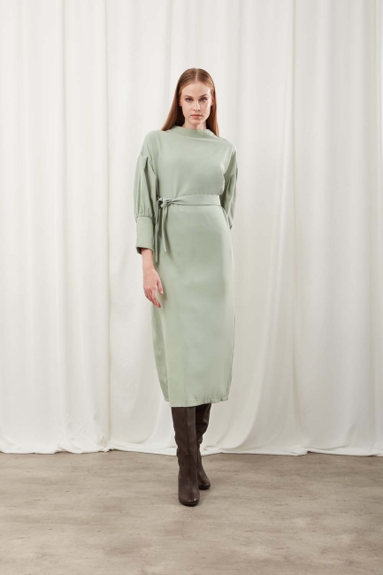 Mizalle - Kolu Fermuar Detaylı Mint Elbise