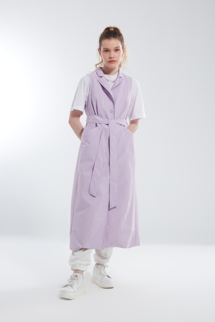 Mizalle - Double Breasted Collar Lilac Long Vest