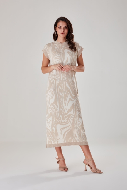 Mizalle - Beige Marble Patterned Knitwear Dress