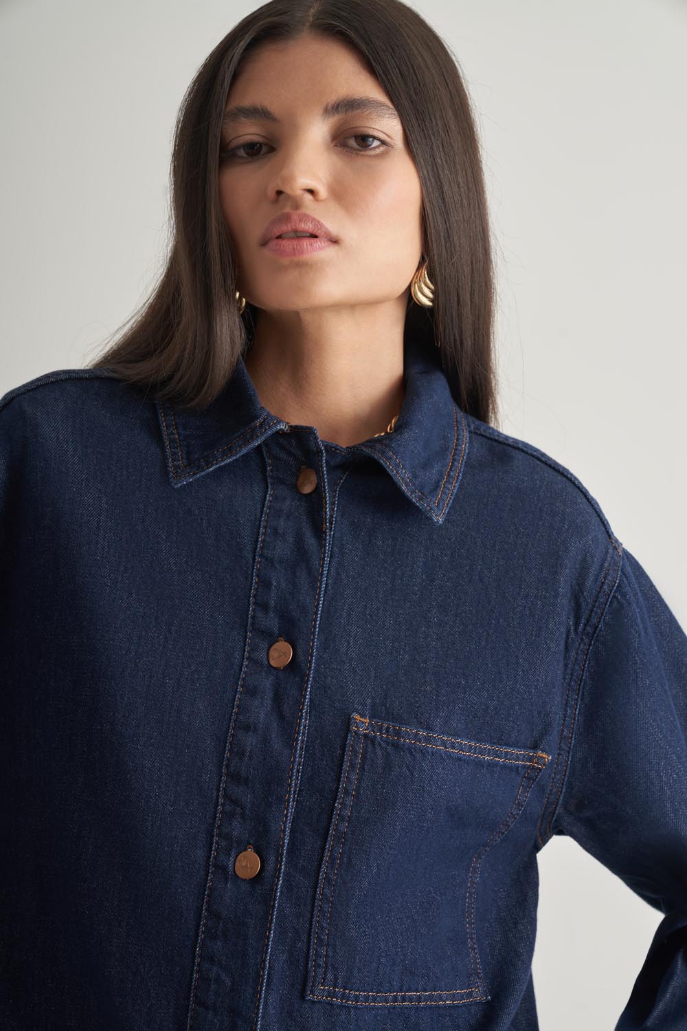 Mizalle Oversize Düğmeli Lacivert Denim Tunik