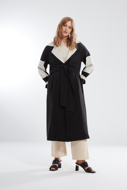 Mizalle - Front Tied Black Long Trench Coat