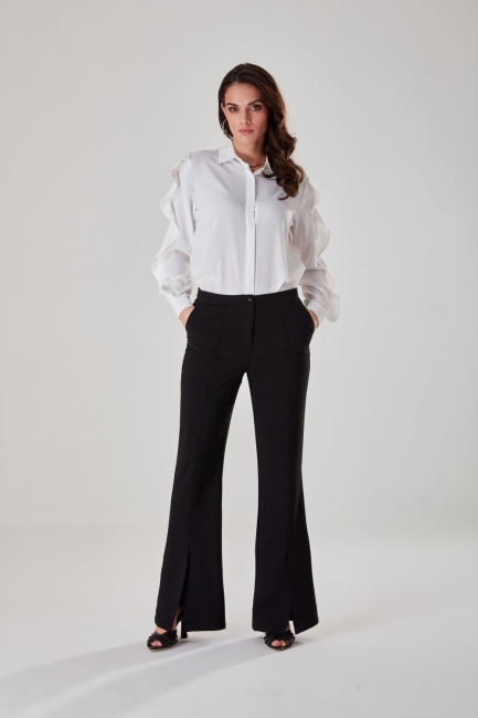 Mizalle - Önden Yırtmaçlı Siyah Dokuma Yüksek Bel Pantolon