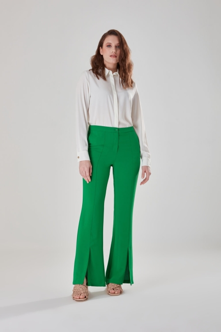 Mizalle - Önden Yırtmaçlı Yeşil Dokuma Yüksek Bel Pantolon