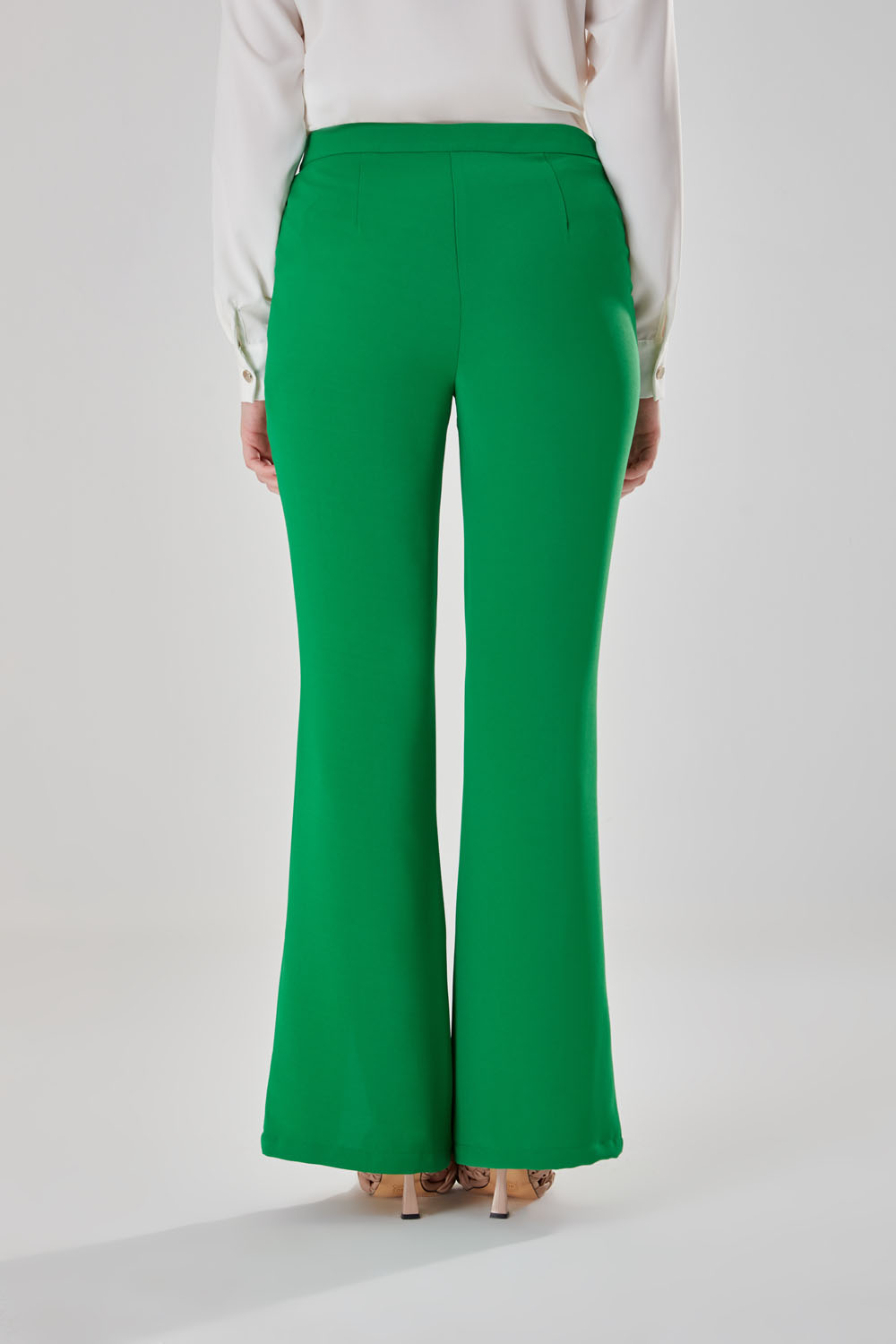 Önden Yırtmaçlı Yeşil Dokuma Yüksek Bel Pantolon
