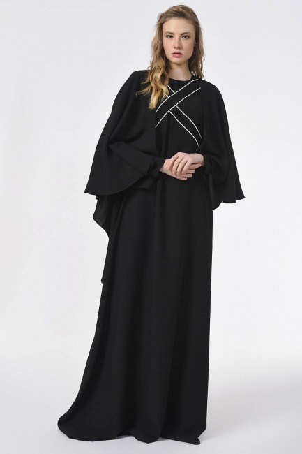 Mizalle - Önü Biye Detaylı Tasarım Siyah Elbise