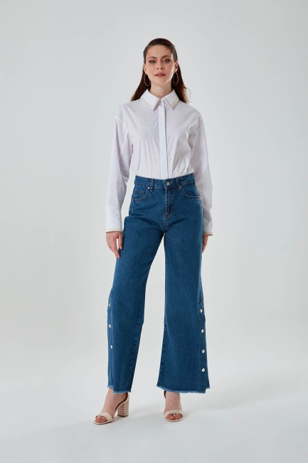 Mizalle - Paça Çıtçıt Detaylı Mavi Denim Pantolon