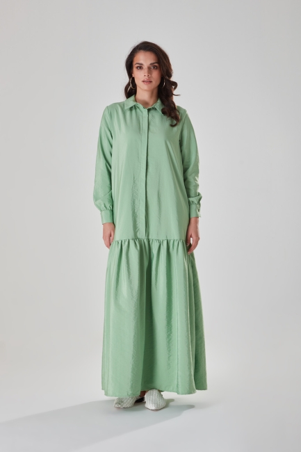 Mizalle - Paraşüt Kumaş Mint Gömlek Yaka Elbise