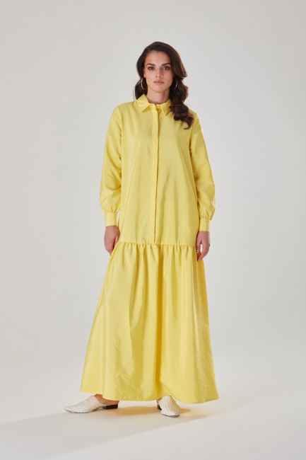Mizalle - Paraşüt Kumaş Sarı Gömlek Yaka Elbise