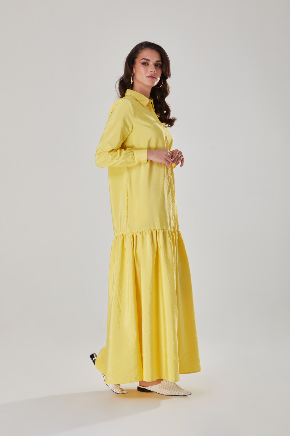 Paraşüt Kumaş Sarı Gömlek Yaka Elbise