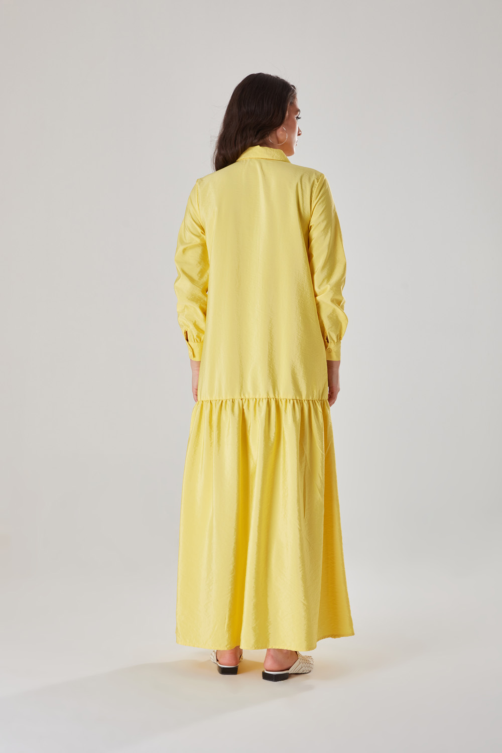 Paraşüt Kumaş Sarı Gömlek Yaka Elbise