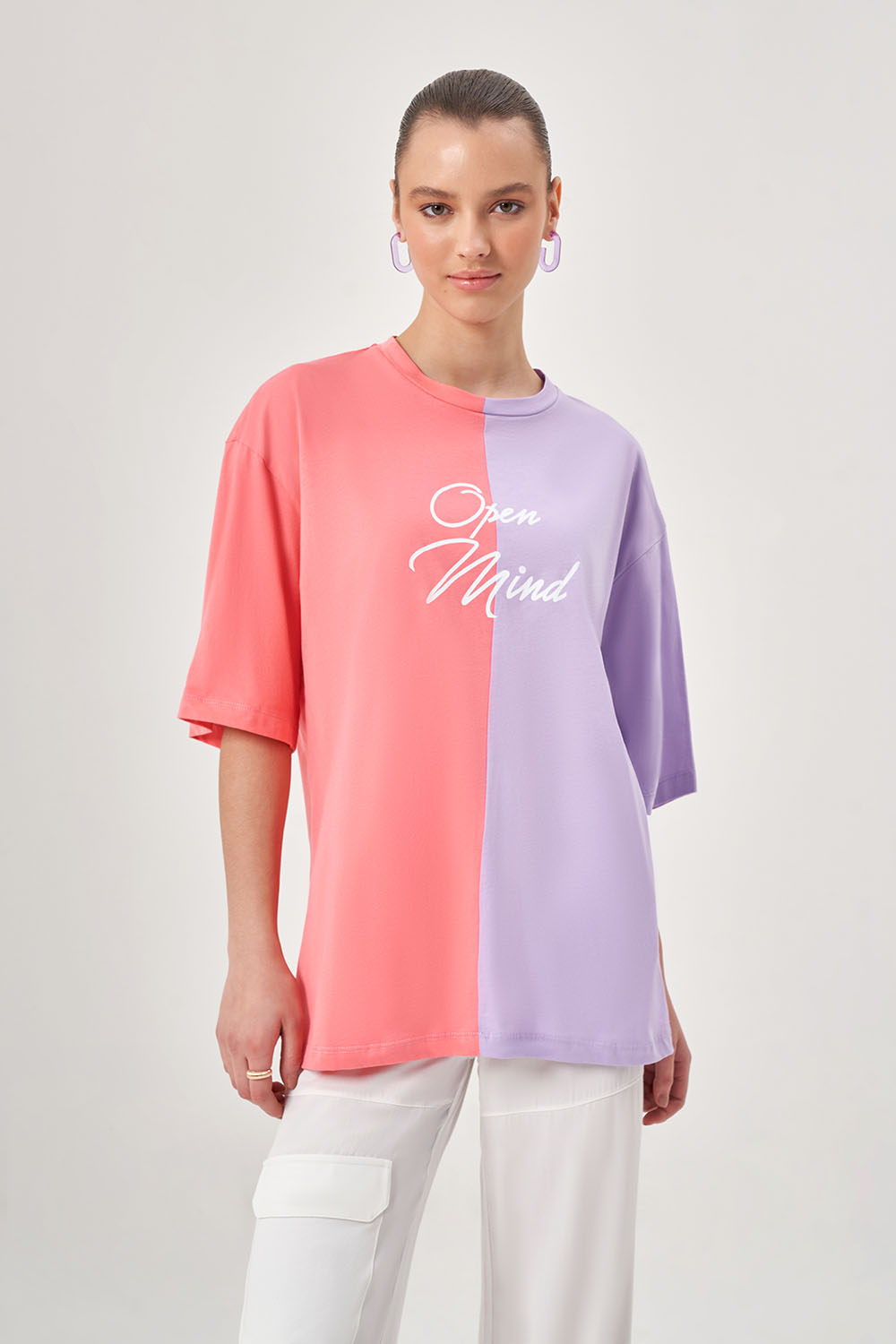 Parça Renkli Baskılı Pembe T-shirt