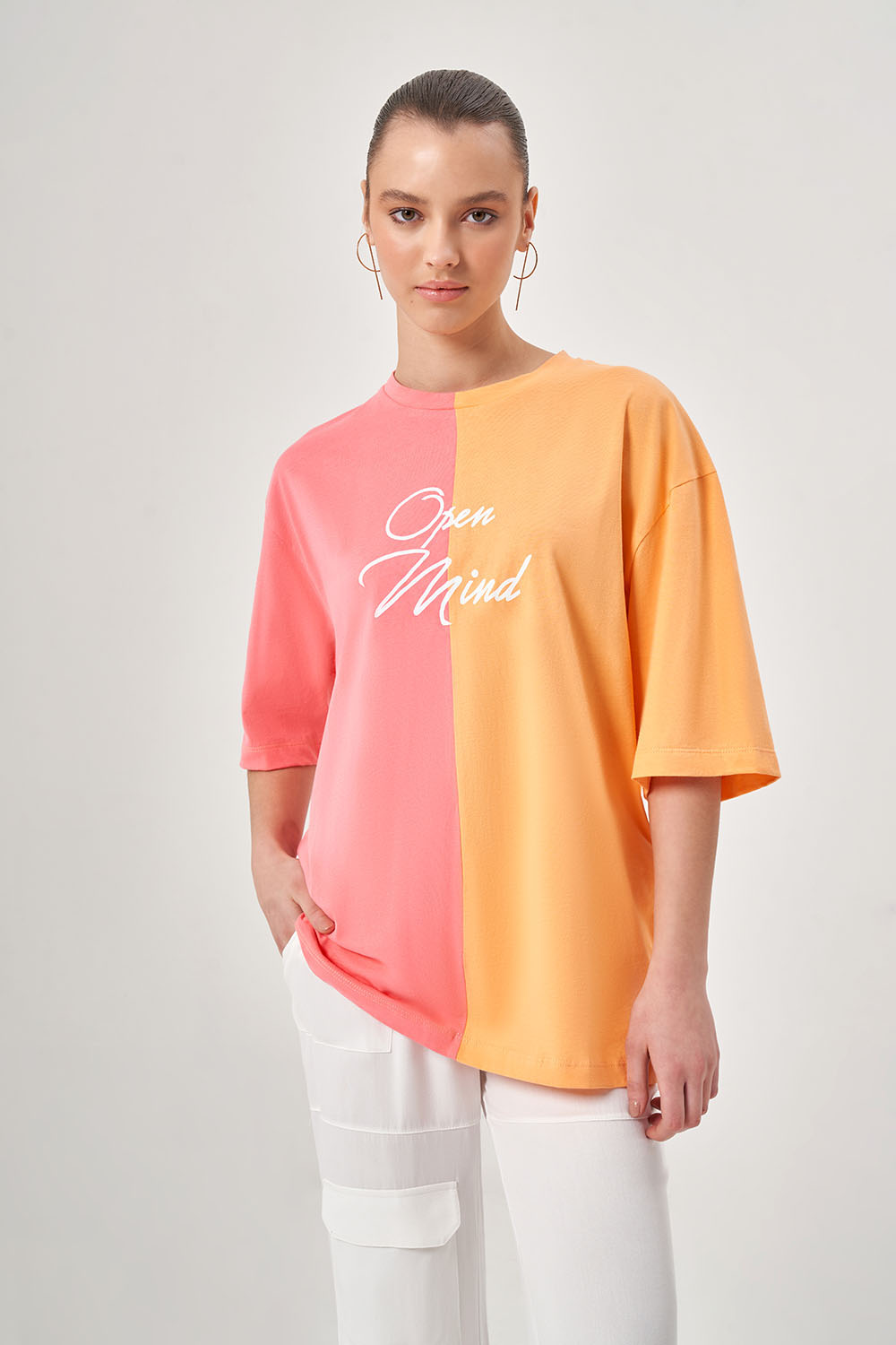 Parça Renkli Baskılı Somon T-shirt
