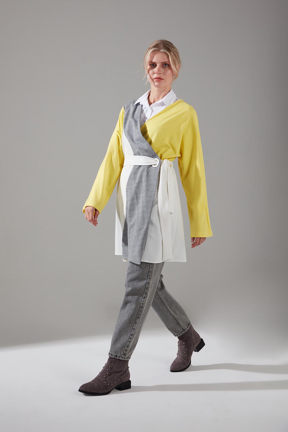 Parçalı Kuş Gözlü İki İplik Kimono (Sarı)
