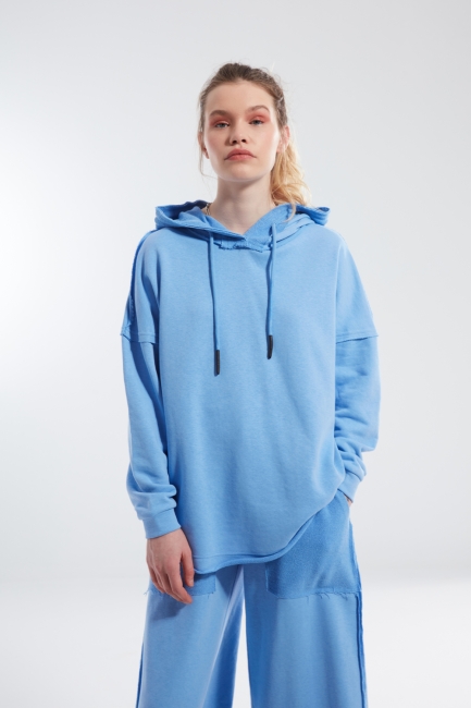 Mizalle - Dirty Stitch Detail Blue Hoodie Sweatshirt