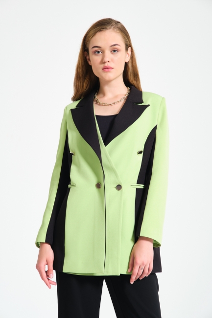 Mizalle - Renk Bloklu Fıstık Yeşili Blazer Ceket