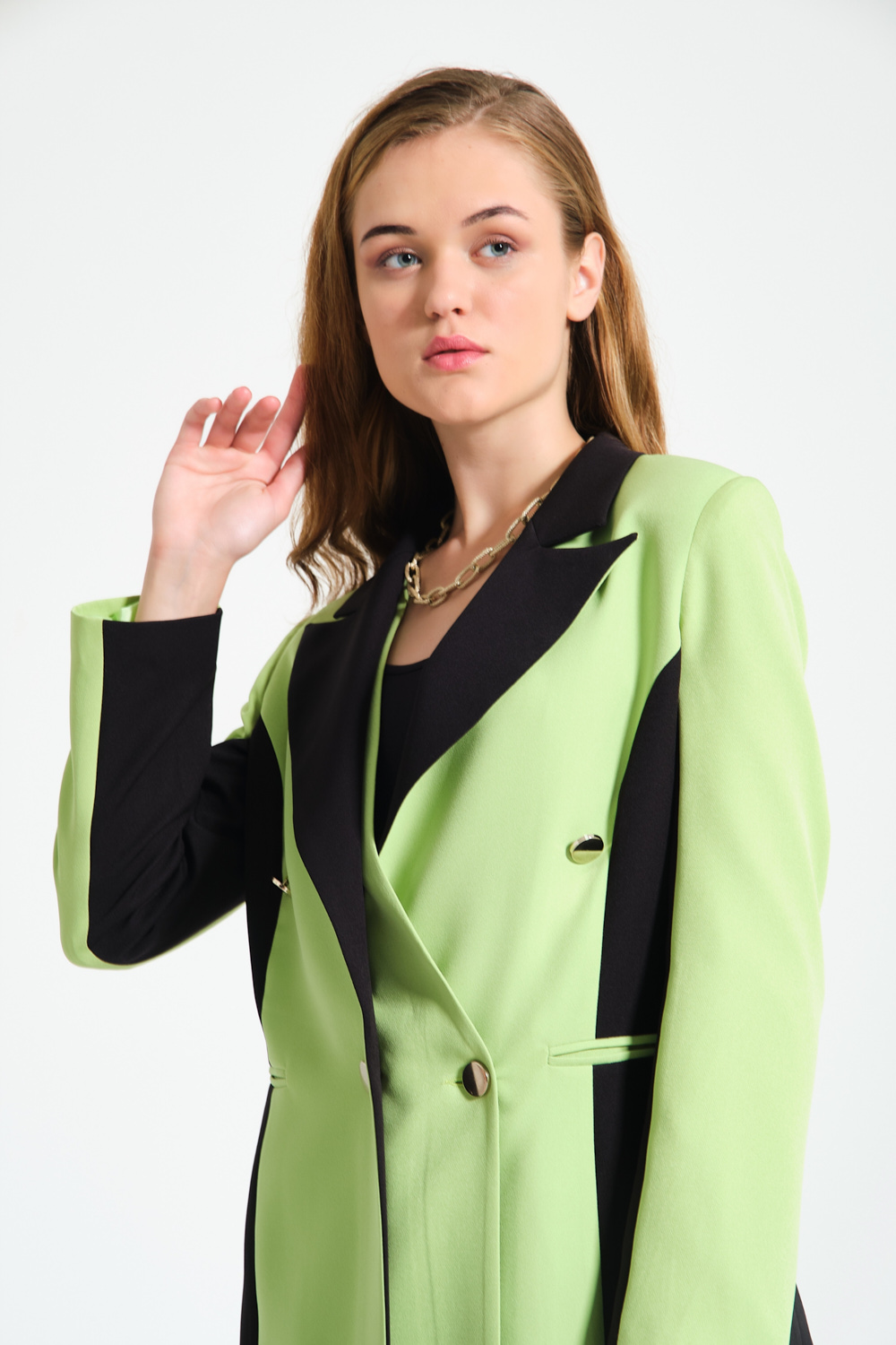 Renk Bloklu Fıstık Yeşili Blazer Ceket