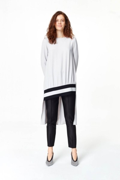 Mizalle - Şerit Detaylı Arkası Uzun Gri Tunik Elbise