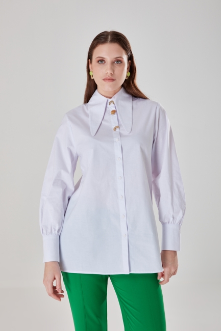 Mizalle - Pointed Collar Poplin White Shirt