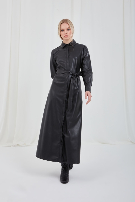 Mizalle - Suni Deri Beli Kemerli Siyah Gömlek Elbise