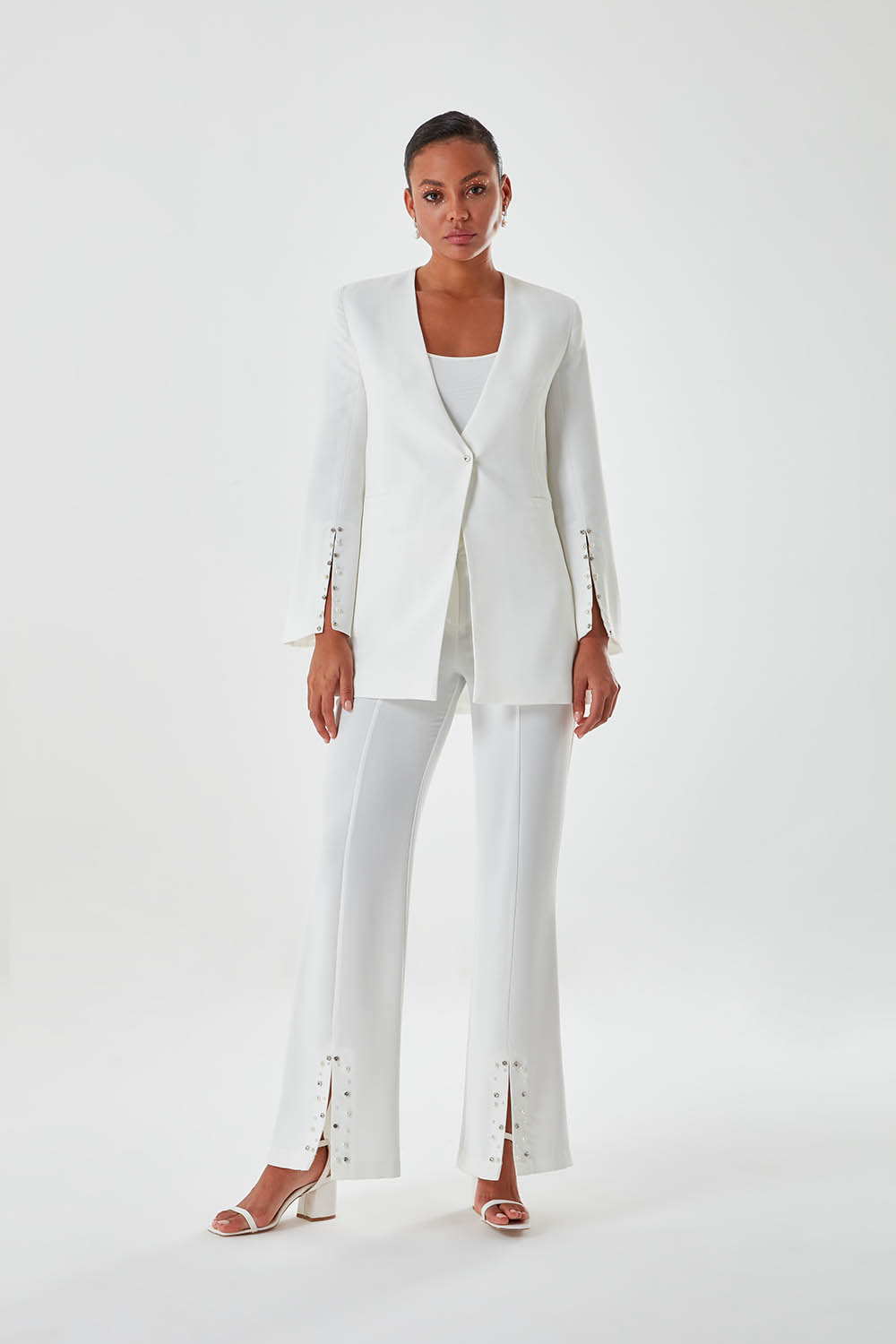 Taş İncili Beyaz Luxury Pantolon