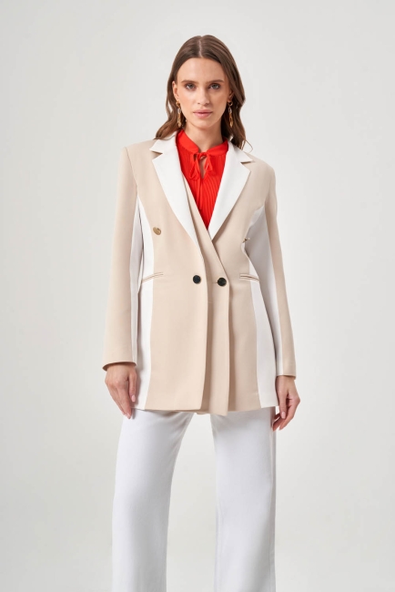 Mizalle - Renk Bloklu Bej/Beyaz Blazer Ceket