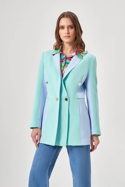 Mizalle - Renk Bloklu Yeşil/Mavi Blazer Ceket