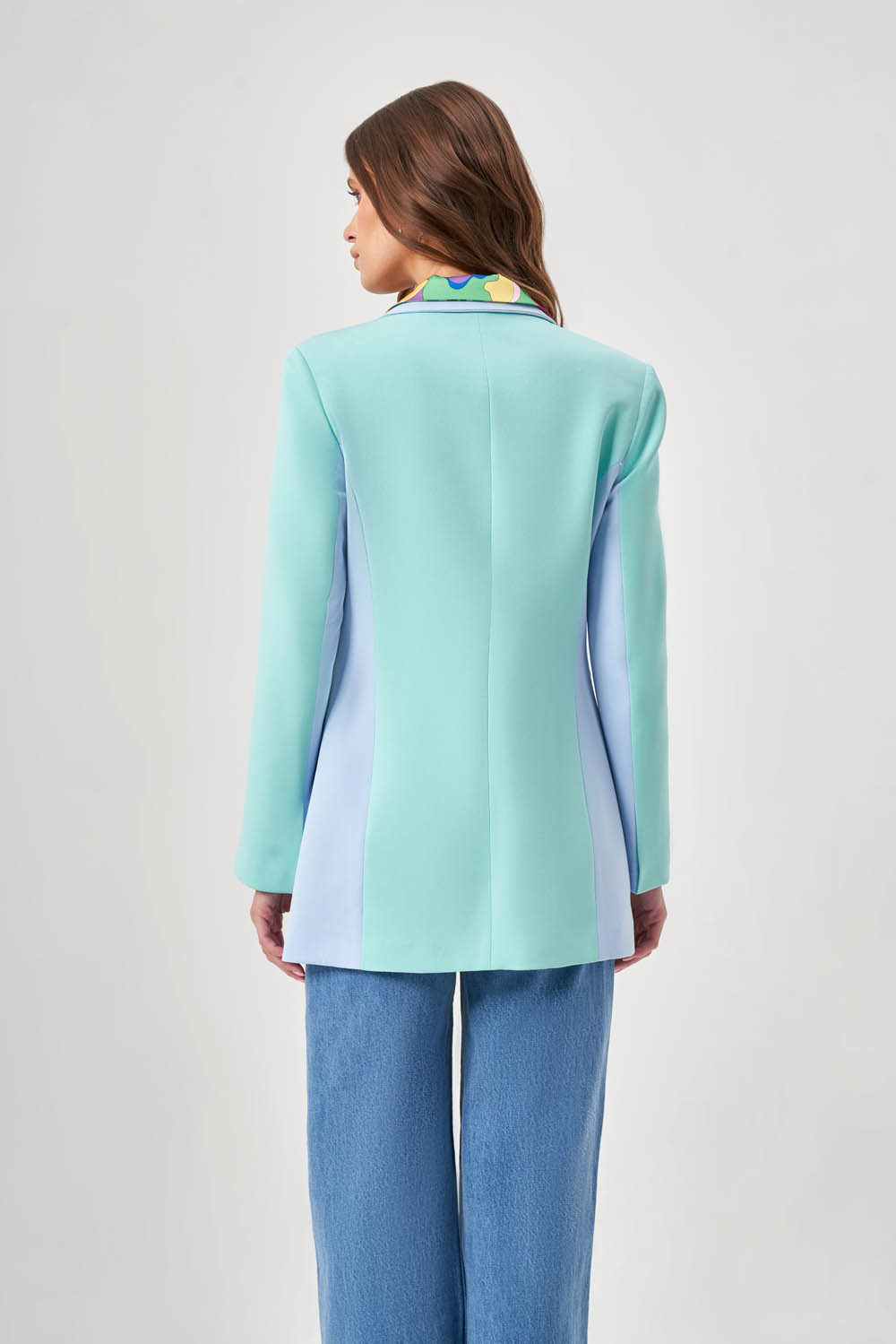 Renk Bloklu Yeşil/Mavi Blazer Ceket