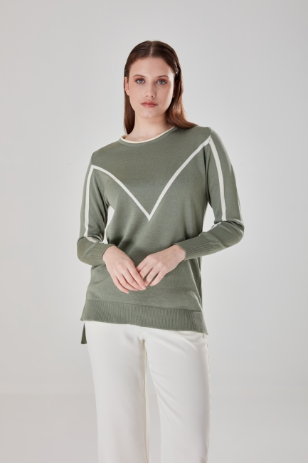 Mizalle - V Printed Detailed Knitwear Mint Tunic