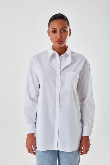 Mizalle - Yaka Detaylı Beyaz Gömlek Tunik