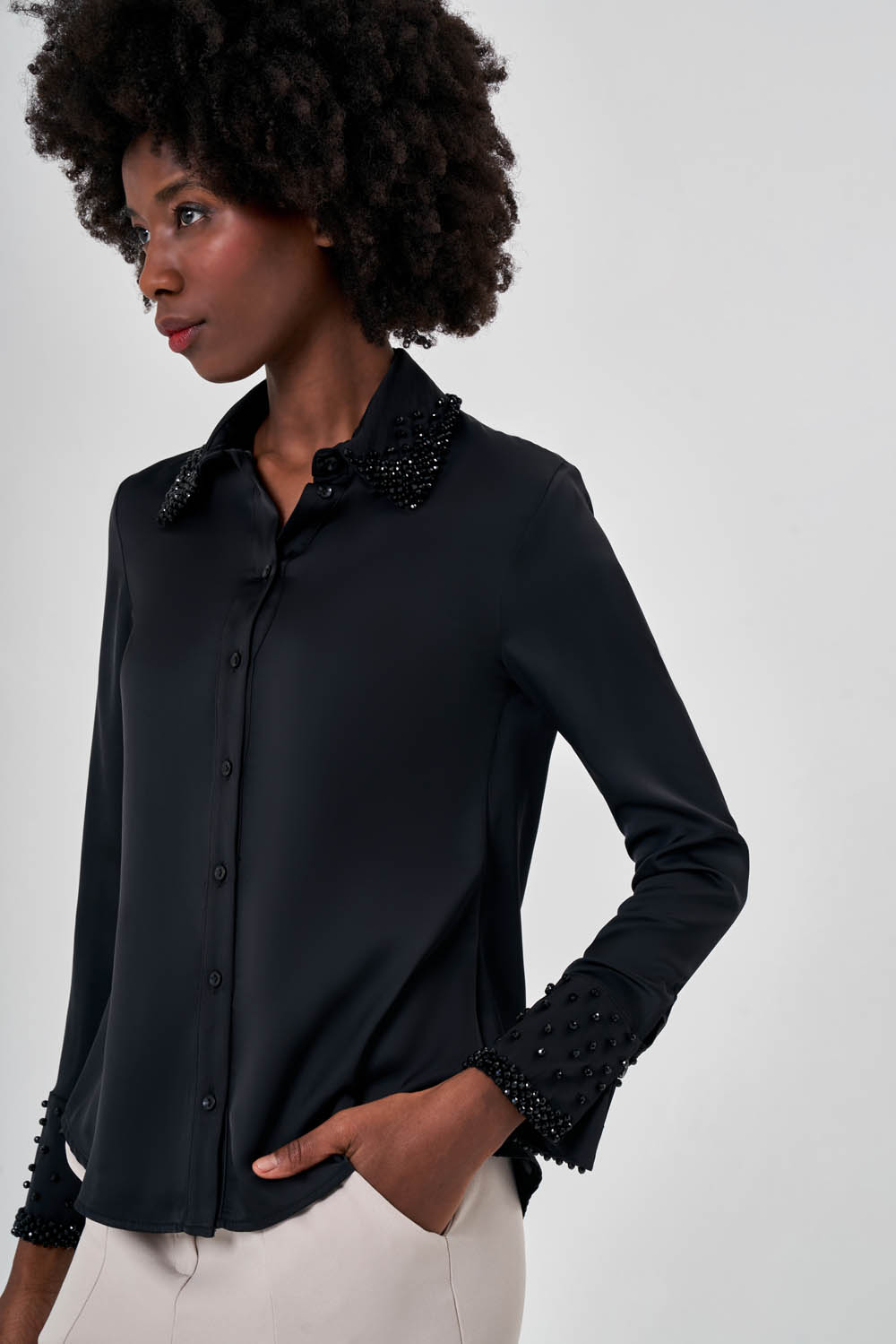 Yaka Taş İşlemeli Luxury Siyah Gömlek