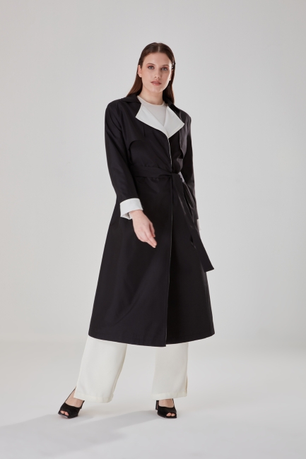 Mizalle - Long Black Trench Coat With Coloured Collar