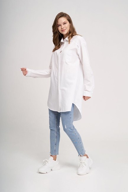 Mizalle - Yakası Troklu Tunik Gömlek (Beyaz)
