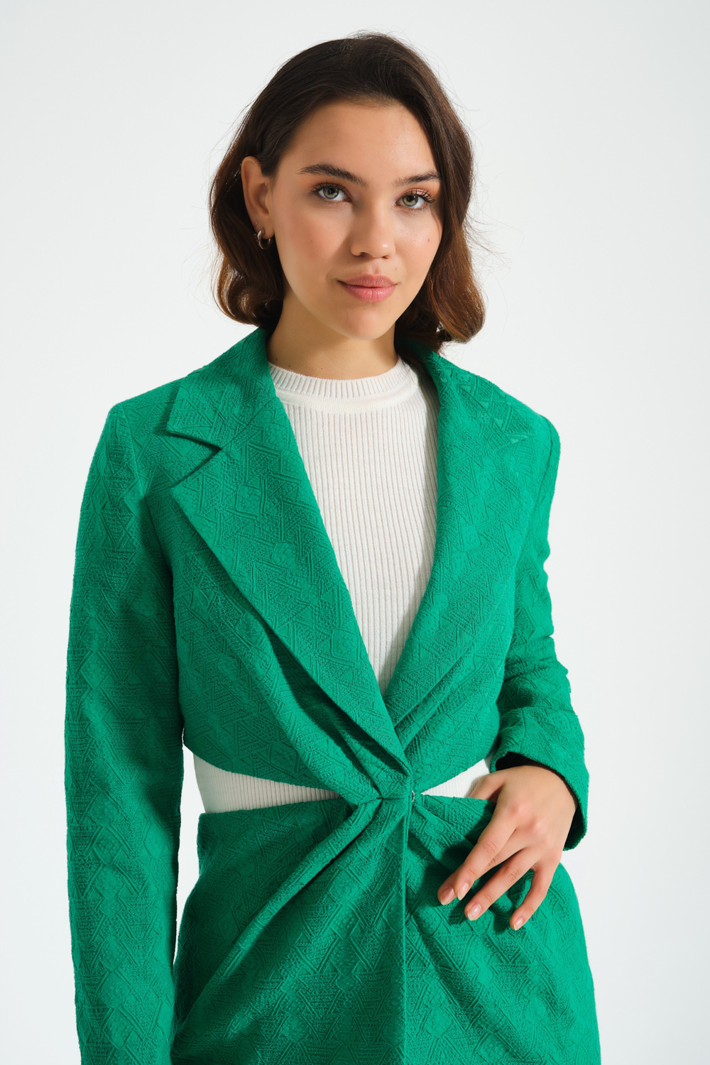 Yanı Açık Jakarlı Yeşil Ceket