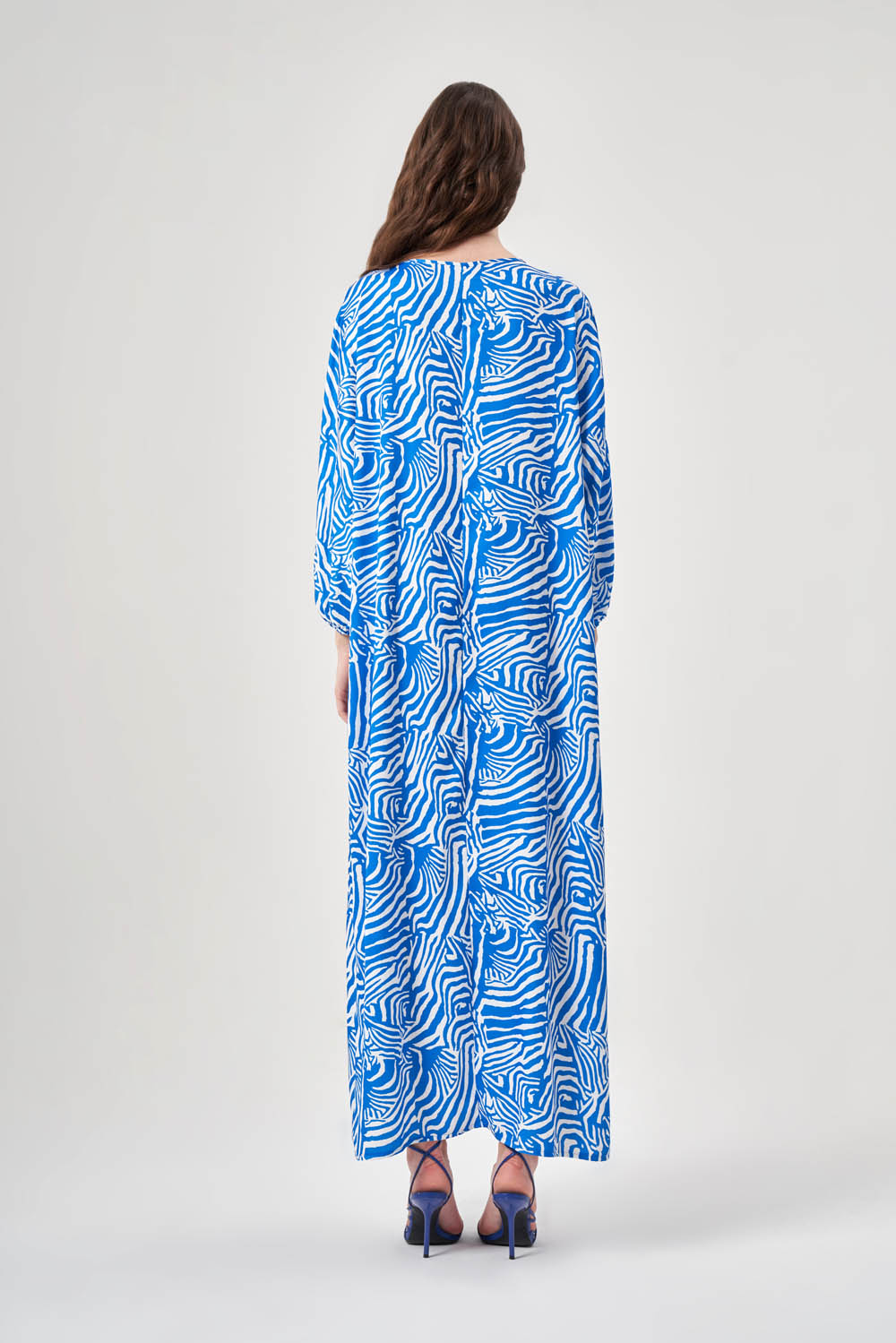 Yarasa Kol Desenli Mavi Elbise