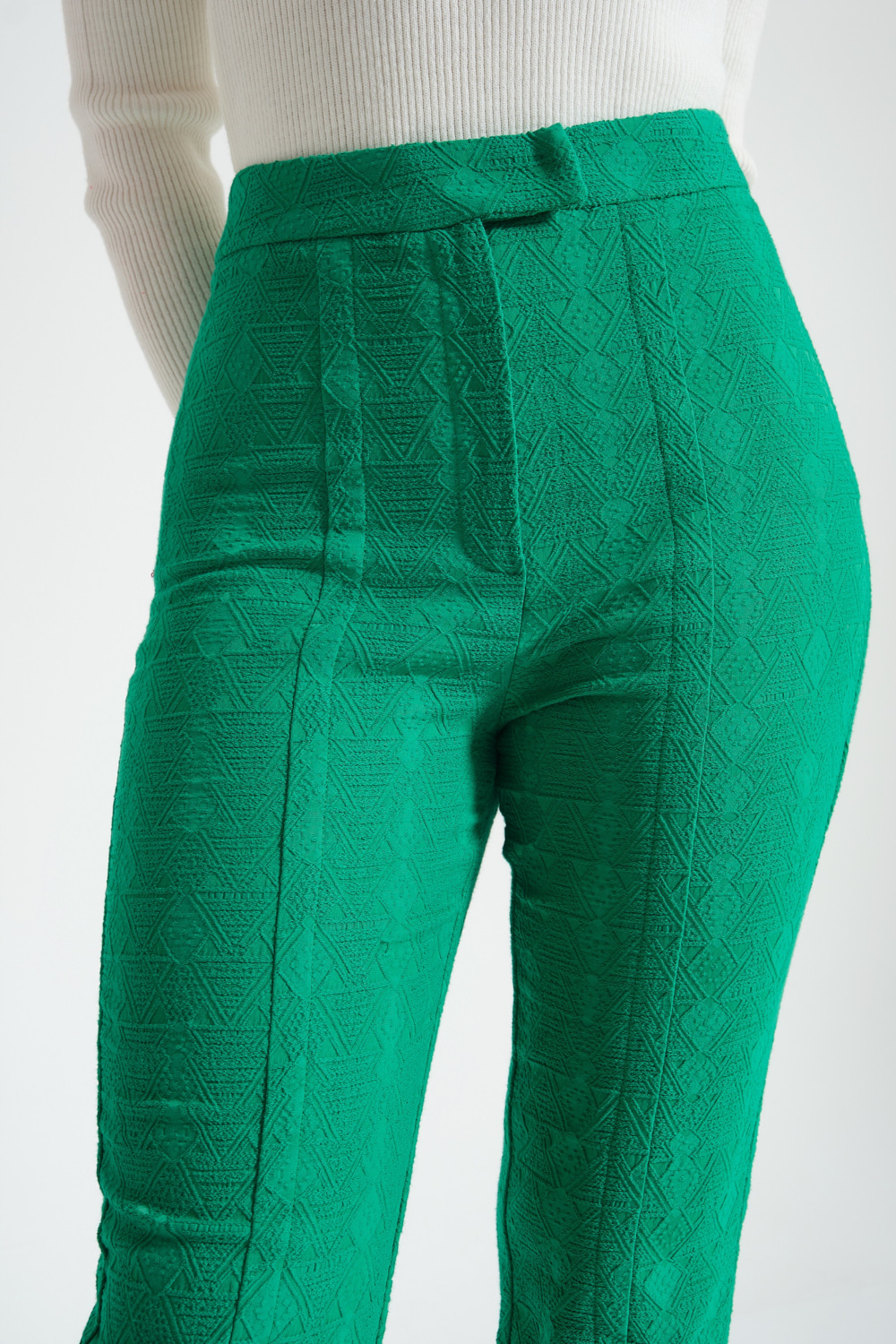 Yırtmaçlı Jakarlı Yeşil Pantolon